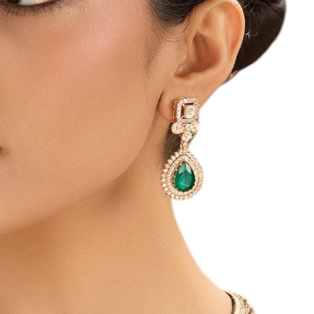 Beautiful Emerald Drop Kundan Earrings – Gold Plated Statement Jewelry - Auraa Trends