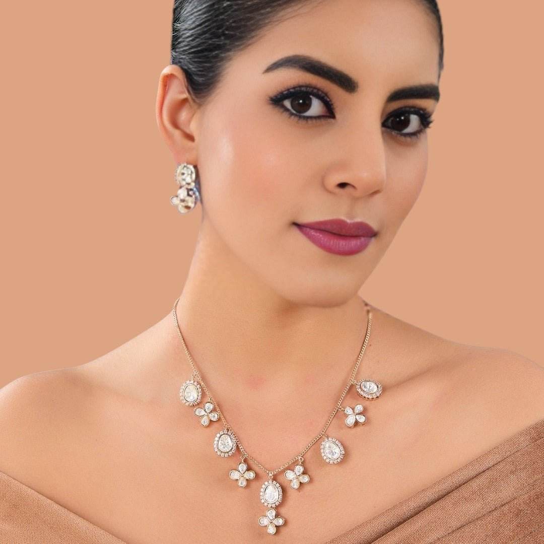 Beautiful Floral Kundan Necklace Set with Drop Accents - Auraa Trends