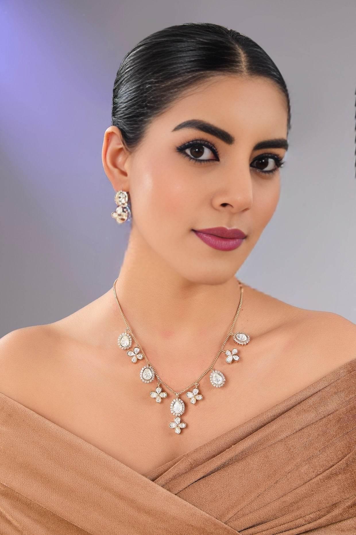 Beautiful Floral Kundan Necklace Set with Drop Accents - Auraa Trends