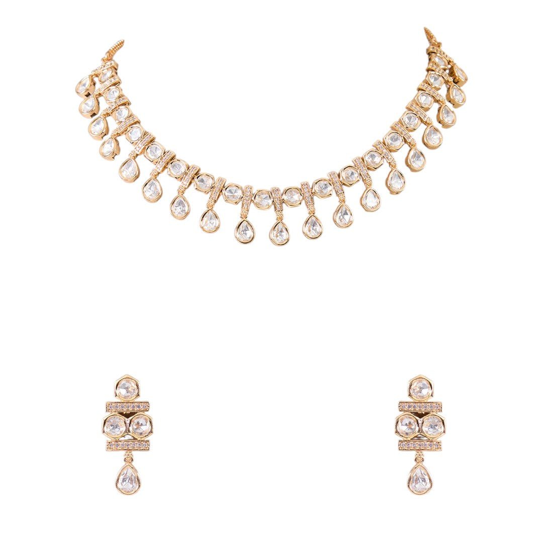 Beautiful Gold - Plated Kundan Pearl Choker Necklace Set with Drop Earings - Auraa Trends - Choker - Beautiful Gold -