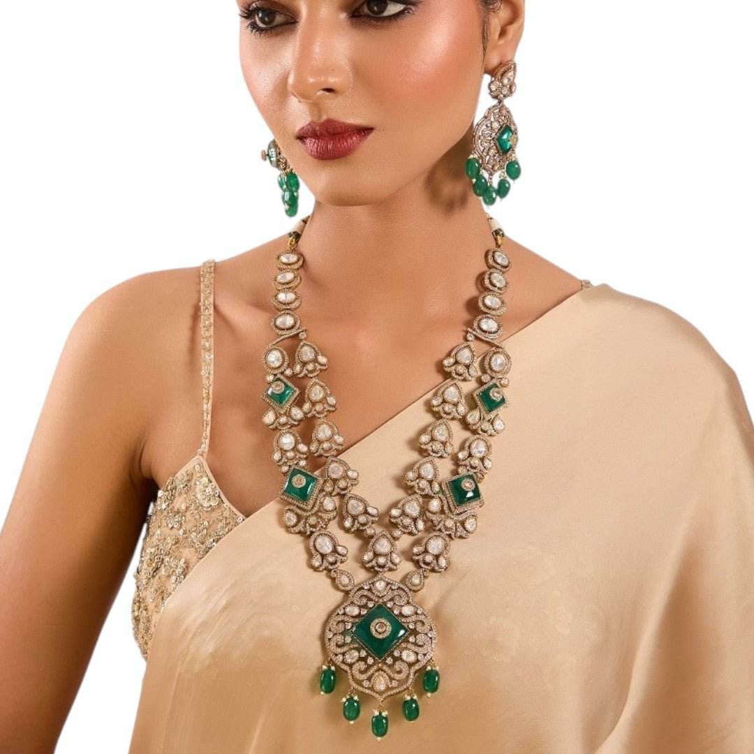 Beautiful Green and Pearl Necklace Set with Earrings to Match for Weddings and Celebrations - Auraa Trends