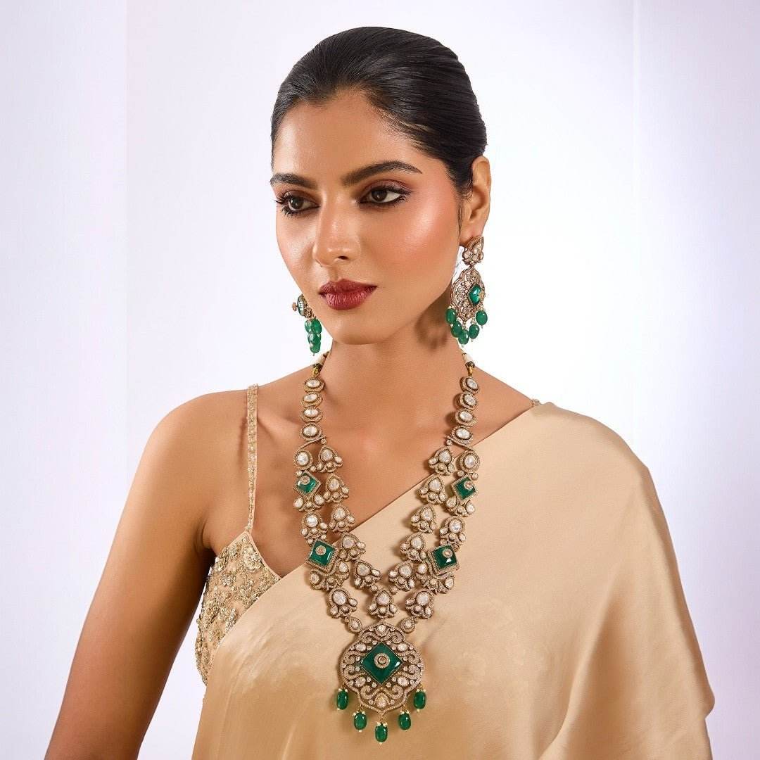 Beautiful Green and Pearl Necklace Set with Earrings to Match for Weddings and Celebrations - Auraa Trends