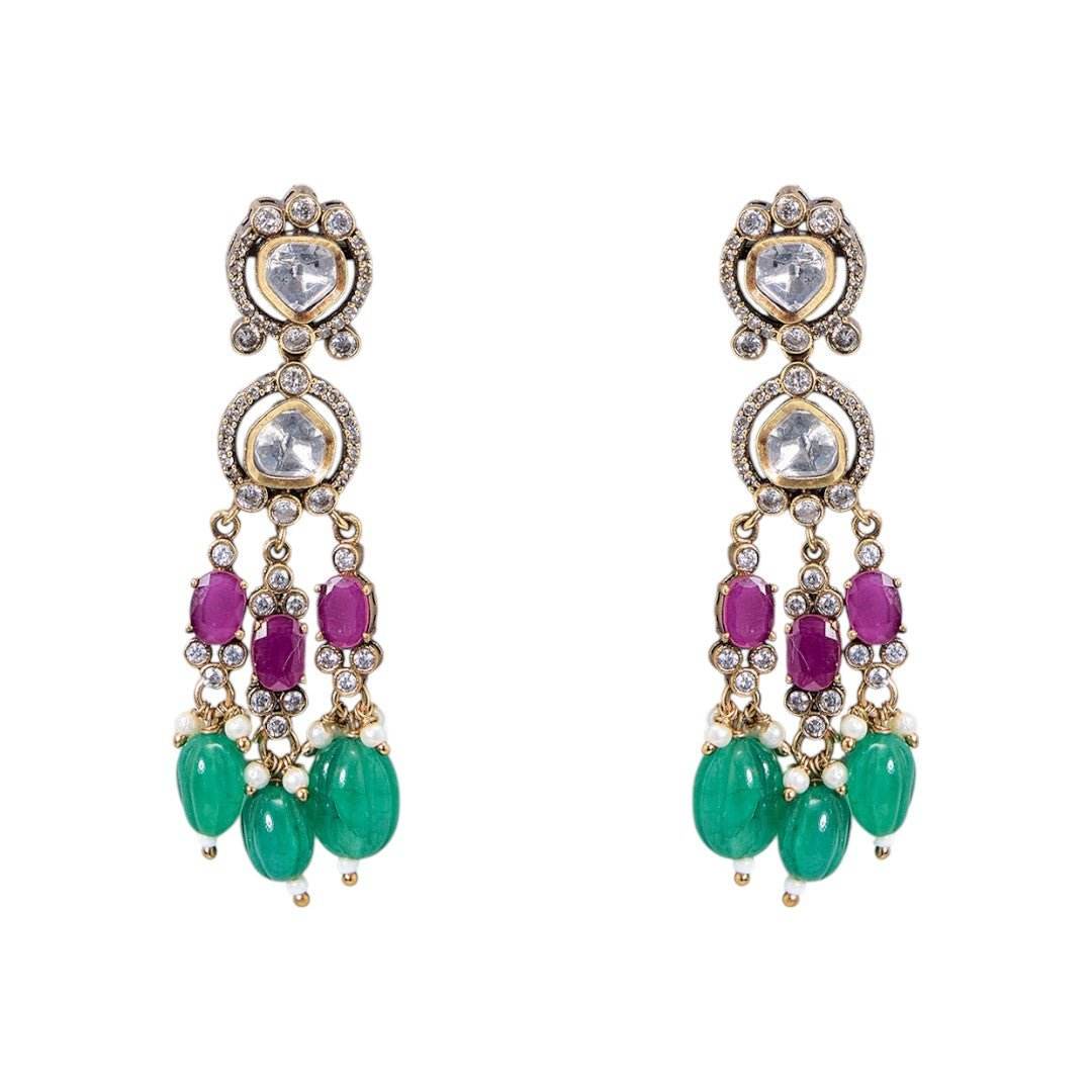 Beautiful Kundan Necklace Set with Green and Pink Beads - Auraa Trends