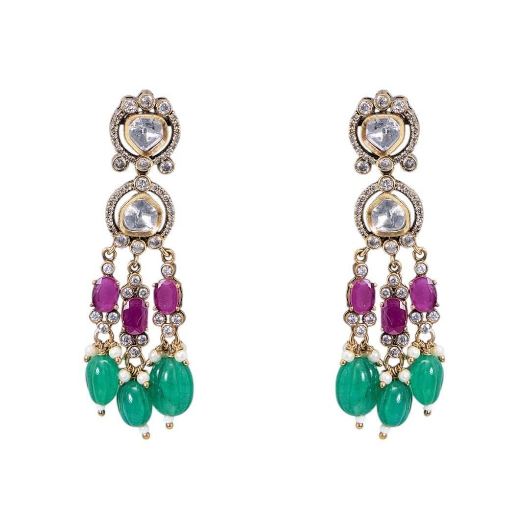 Beautiful Kundan Necklace Set with Green and Pink Beads - Auraa Trends