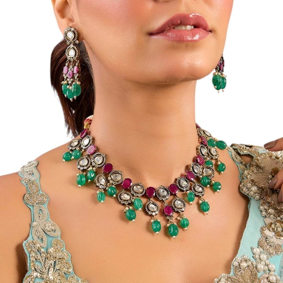 Beautiful Kundan Necklace Set with Green and Pink Beads - Auraa Trends