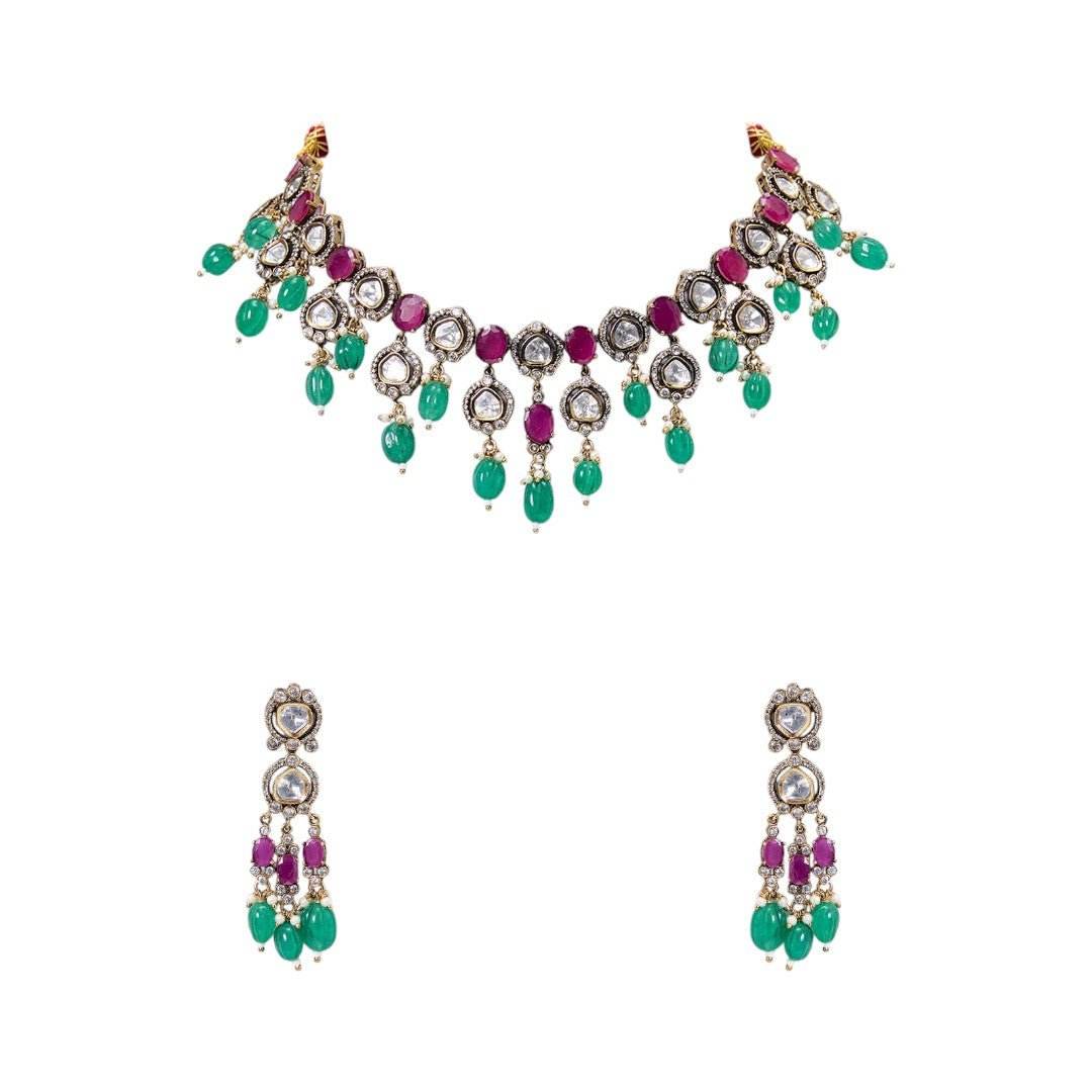 Beautiful Kundan Necklace Set with Green and Pink Beads - Auraa Trends