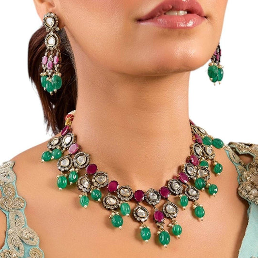 Beautiful Kundan Necklace Set with Green and Pink Beads - Auraa Trends