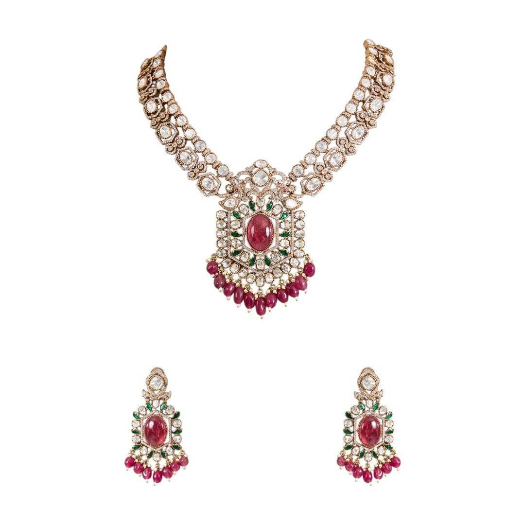 Beautiful Ruby Kundan Necklace Set with Designer Stud Earrings and Pearl Embellishments - Auraa Trends