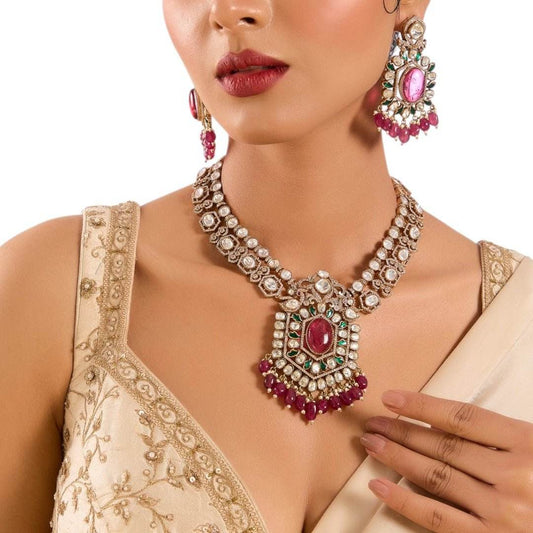 Beautiful Ruby Kundan Necklace Set with Designer Stud Earrings and Pearl Embellishments - Auraa Trends