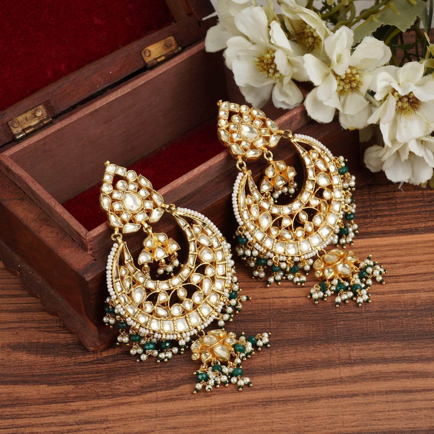 Bedazzling Kundan Chandbaali Earrings - Auraa Trends
