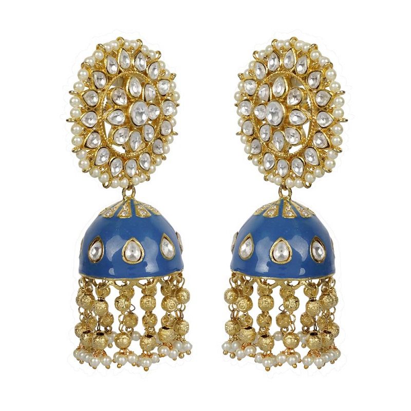 Blue Enamel Kundan Jhumka Earrings - Auraa Trends - Jhumka - # - Auraa Trends - Blue Enamel Kundan Jhumka Earrings
