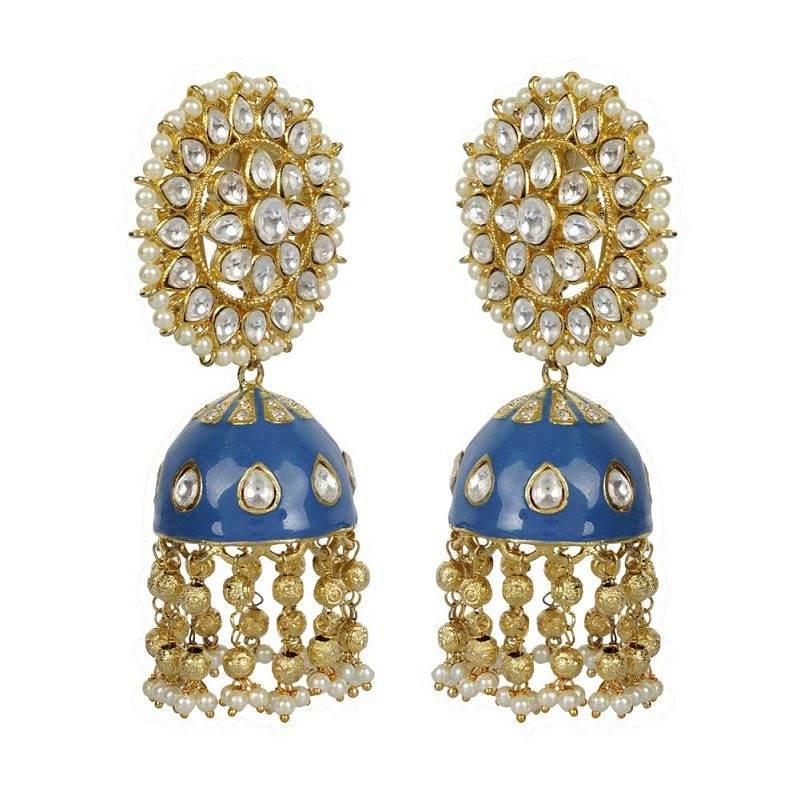 Blue Enamel Kundan Jhumka Earrings - Auraa Trends