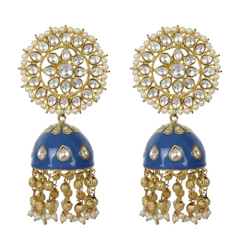 Blue Enamel Kundan Jhumka Earrings - Auraa Trends - Jhumka - # - Auraa Trends - Blue Enamel Kundan Jhumka Earrings
