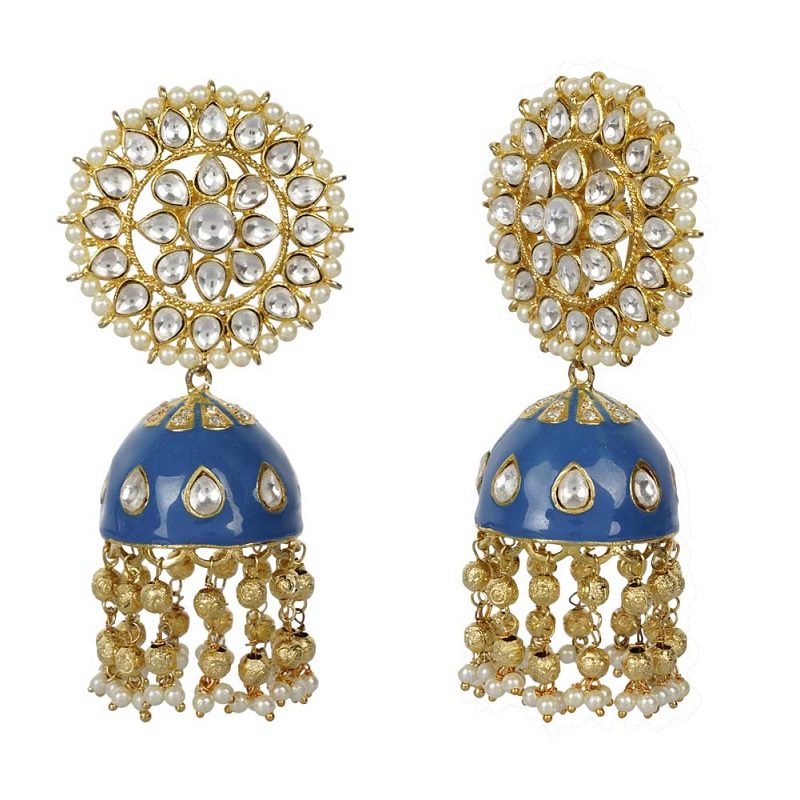 Blue Enamel Kundan Jhumka Earrings - Auraa Trends - Jhumka - # - Auraa Trends - Blue Enamel Kundan Jhumka Earrings