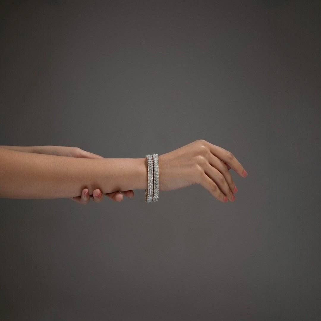 Bold Square-Cut American Diamond Bangles – Luxe Modern Pair - Auraa Trends