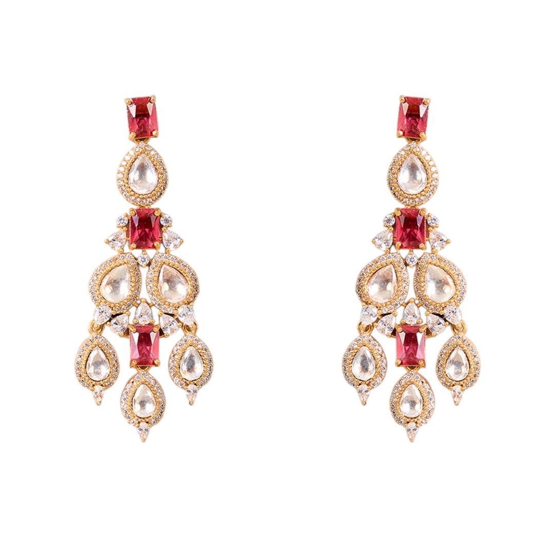 Bridal Kundan Choker Necklace Set with Ruby Red Stones & Earrings - Auraa Trends - Necklace - - Auraa Trends - Traditional Indian bridal choker necklace set with ruby red and white Kundan stones in gold finish, paired with matching earrings