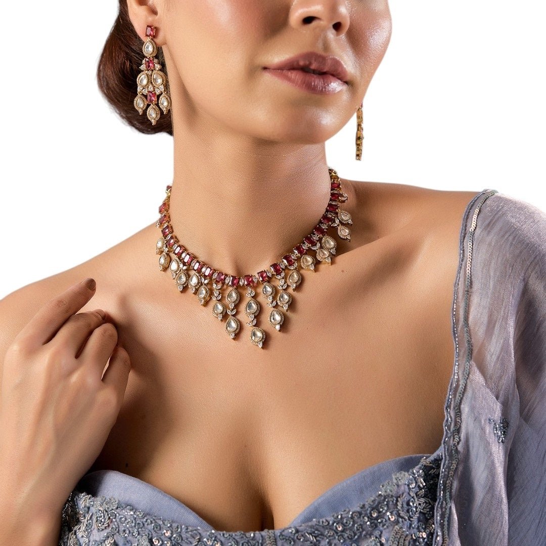 Bridal Kundan Choker Necklace Set with Ruby Red Stones & Earrings - Auraa Trends - Necklace - - Auraa Trends - Traditional Indian bridal choker necklace set with ruby red and white Kundan stones in gold finish, paired with matching earrings