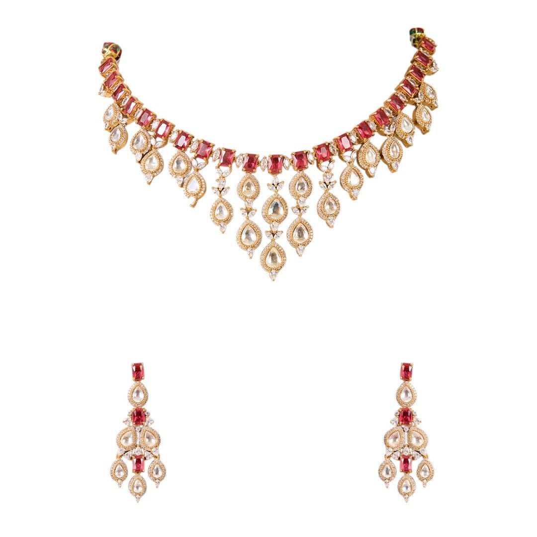 Bridal Kundan Choker Necklace Set with Ruby Red Stones & Earrings - Auraa Trends - Necklace - - Auraa Trends - Traditional Indian bridal choker necklace set with ruby red and white Kundan stones in gold finish, paired with matching earrings