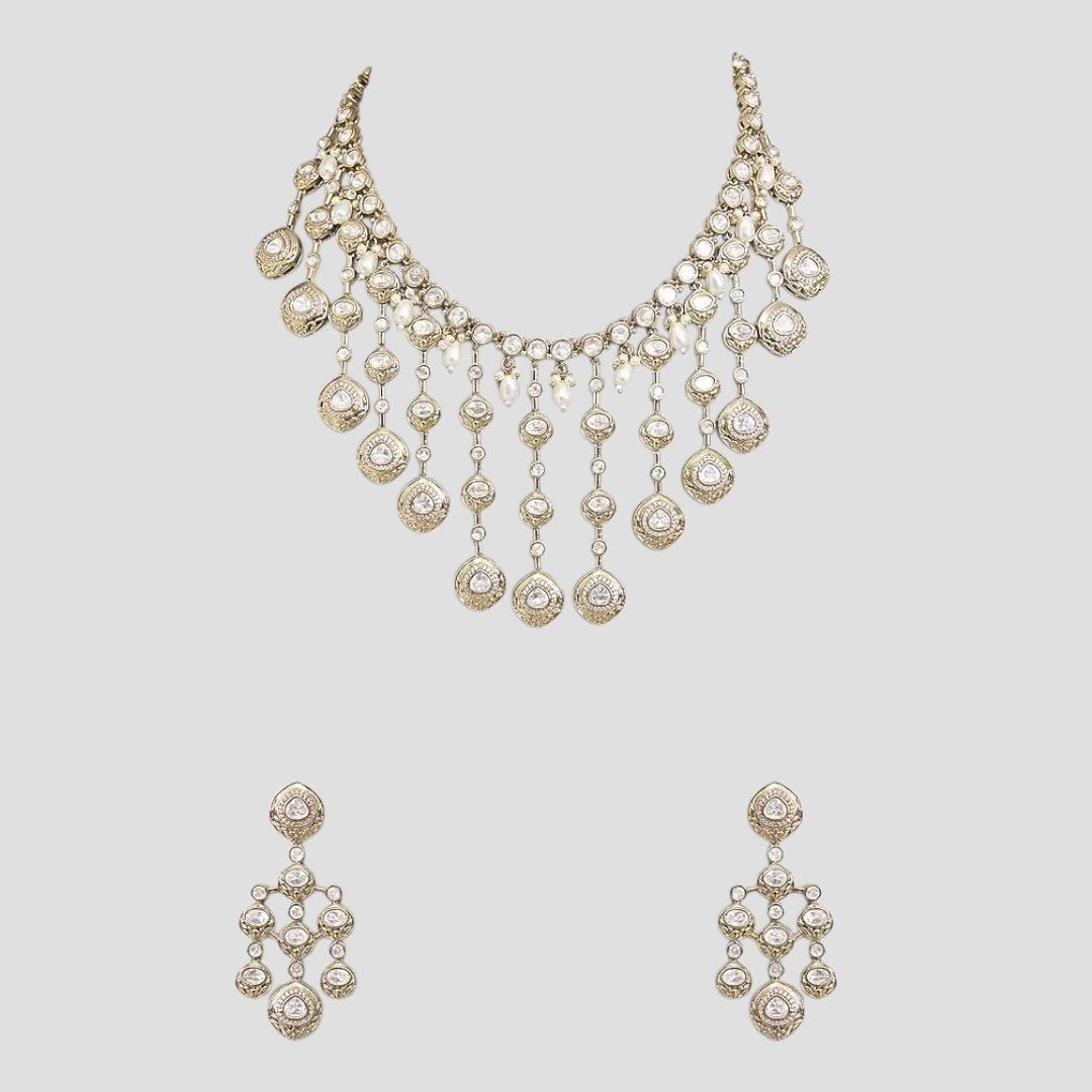 Bridal Kundan Gold - Plated Necklace Set with Earrings for Women - Auraa Trends - Necklace Set - - Auraa Trends - "Bridal woman wearing gold - plated Kundan necklace set with matching earrings – Traditional Indian jewelry for weddings and festive wear"
