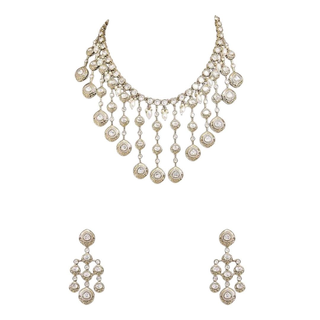 Bridal Kundan Gold - Plated Necklace Set with Earrings for Women - Auraa Trends - Necklace Set - - Auraa Trends - "Bridal woman wearing gold - plated Kundan necklace set with matching earrings – Traditional Indian jewelry for weddings and festive wear"
