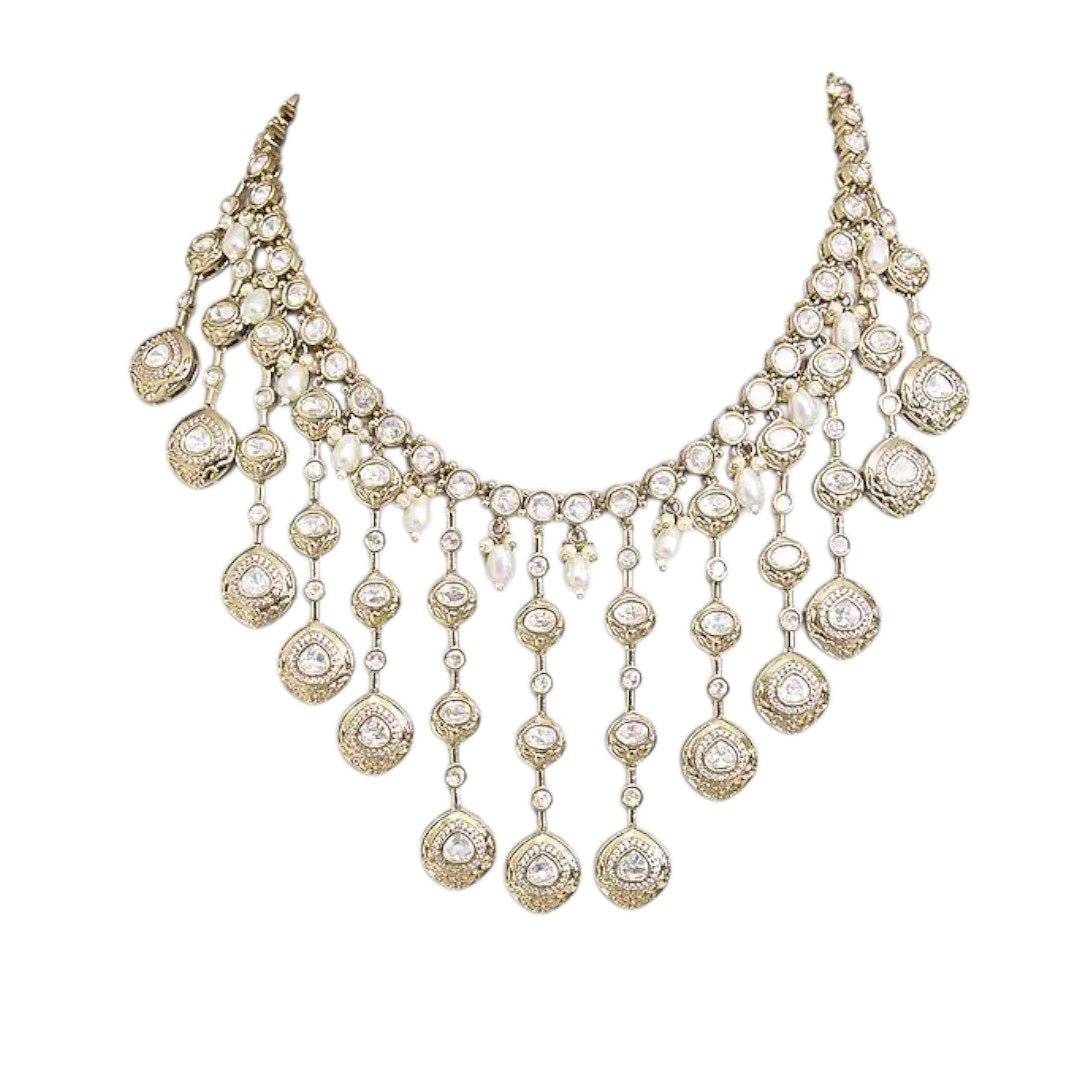 Bridal Kundan Gold - Plated Necklace Set with Earrings for Women - Auraa Trends - Necklace Set - - Auraa Trends - "Bridal woman wearing gold - plated Kundan necklace set with matching earrings – Traditional Indian jewelry for weddings and festive wear"