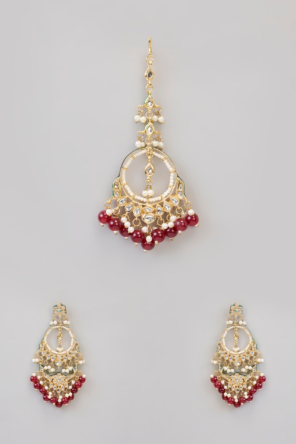 Bridal Kundan & Pearl Chandbali Earrings with Maang Tikka Set - Auraa Trends - Earring Set - # - Auraa Trends - Bridal Kundan & Pearl Chandbali Earrings with Maang Tikka Set