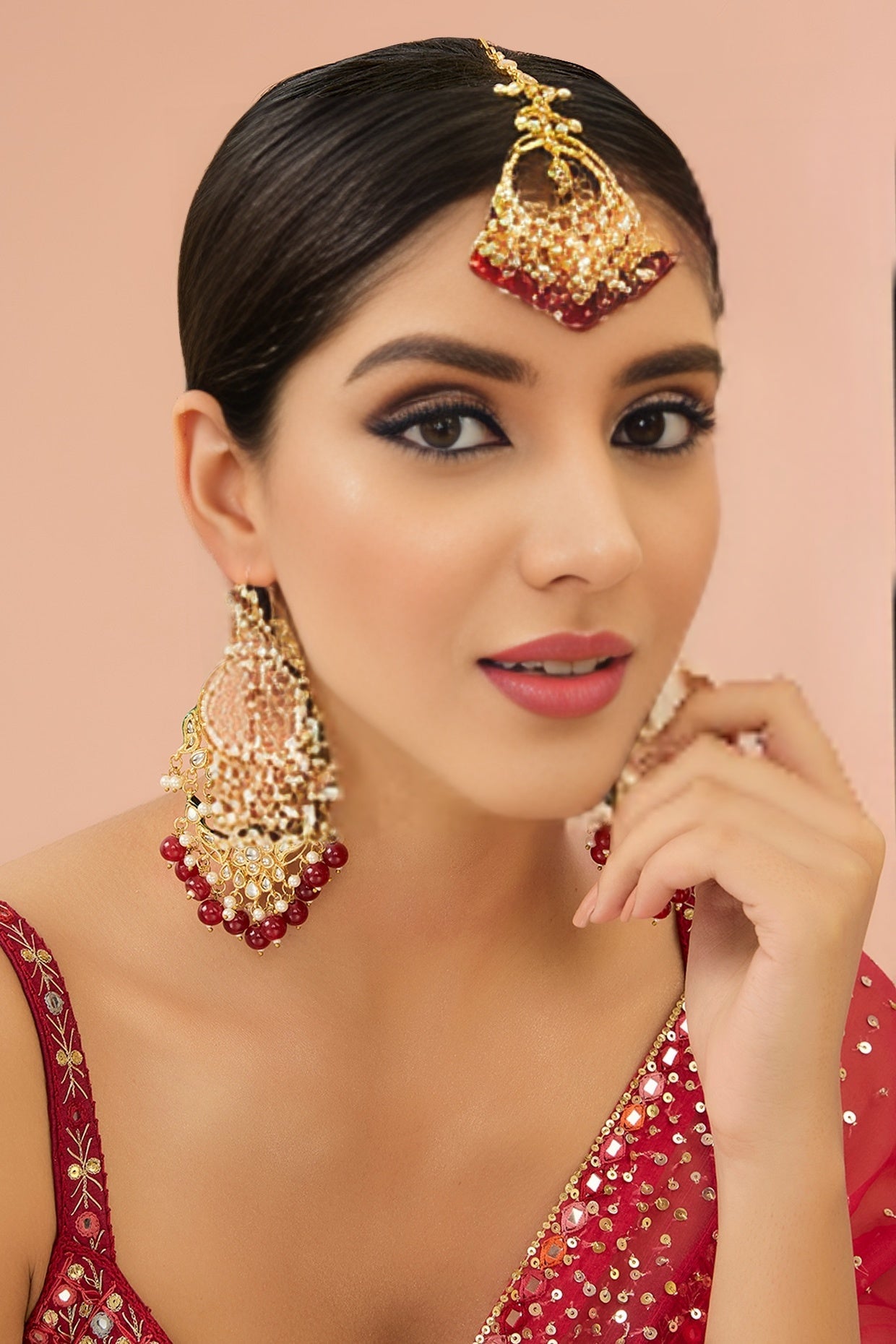 Bridal Kundan & Pearl Chandbali Earrings with Maang Tikka Set - Auraa Trends - Earring Set - # - Auraa Trends - Bridal Kundan & Pearl Chandbali Earrings with Maang Tikka Set