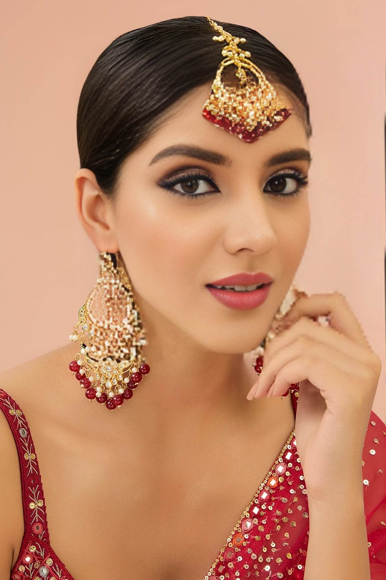 Bridal Kundan & Pearl Chandbali Earrings with Maang Tikka Set - Auraa Trends