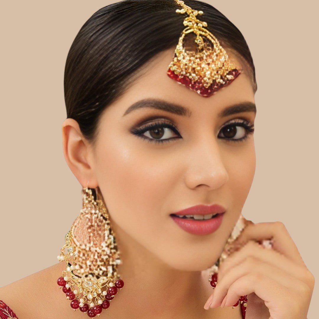 Bridal Kundan & Pearl Chandbali Earrings with Maang Tikka Set - Auraa Trends - Earring Set - # - Auraa Trends - Bridal Kundan & Pearl Chandbali Earrings with Maang Tikka Set