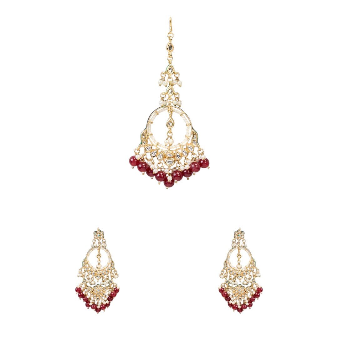 Bridal Kundan & Pearl Chandbali Earrings with Maang Tikka Set - Auraa Trends - Earring Set - # - Auraa Trends - Bridal Kundan & Pearl Chandbali Earrings with Maang Tikka Set