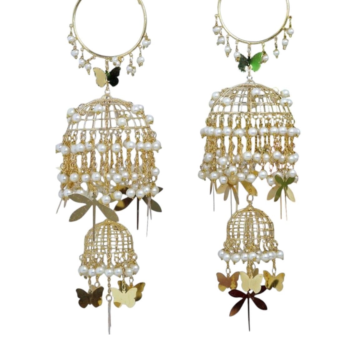Bridal Punjabi Kalire with Pearls & Butterfly Charms Gold Plated Wedding Jewelry - Auraa Trends - Kaleere - - Auraa Trends - "Bridal Punjabi kalire with pearls and golden butterfly charms" "Designer gold plated bridal kalire with cage design and pearl strings" "Handcrafted Punjabi wedding kalire with butterfly motifs" "Modern pearl and gold plated kalire for Indian bride"