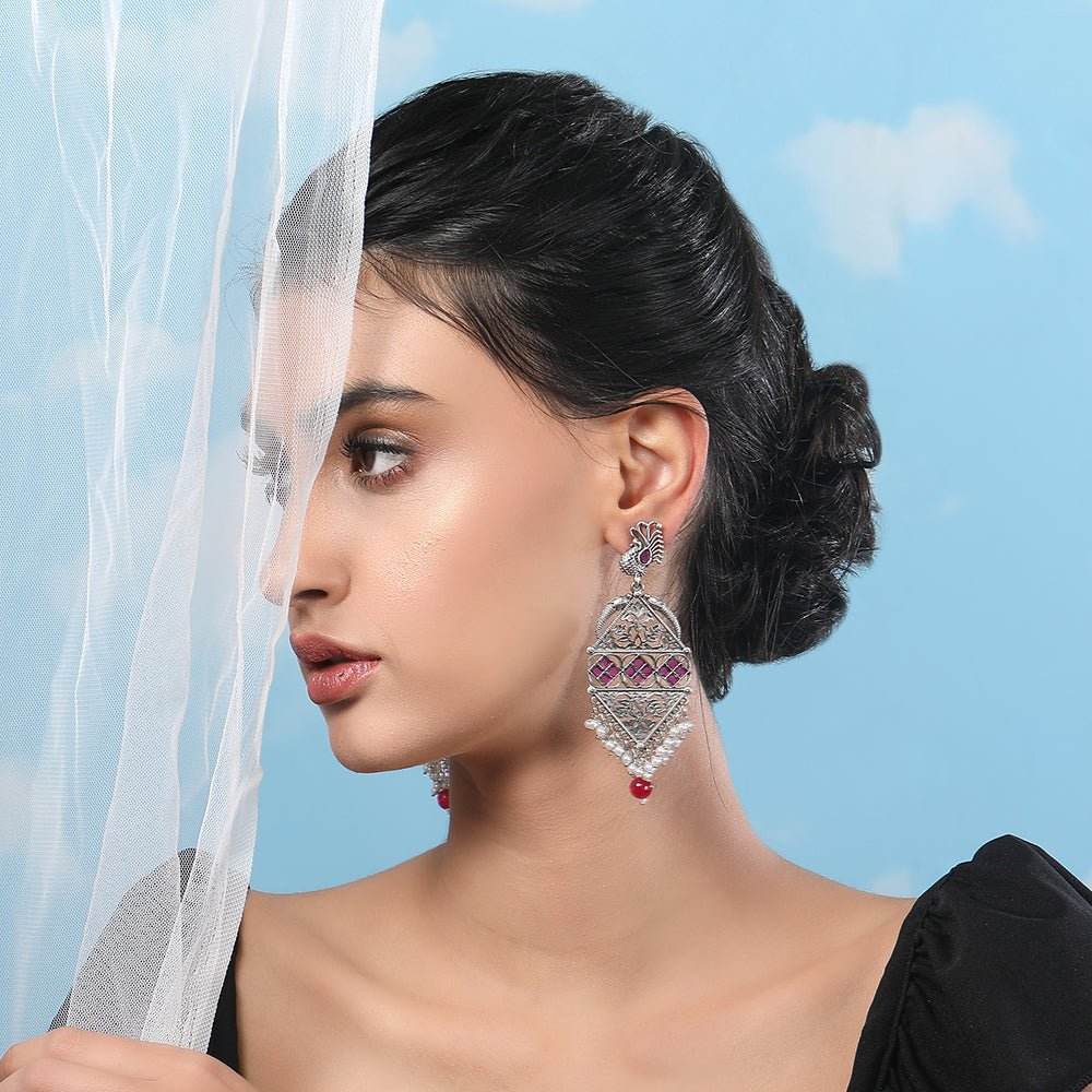 Buy Aviana Antique Silver-Tone Dangle Earrings with Ruby Accents Women - Auraa Trends