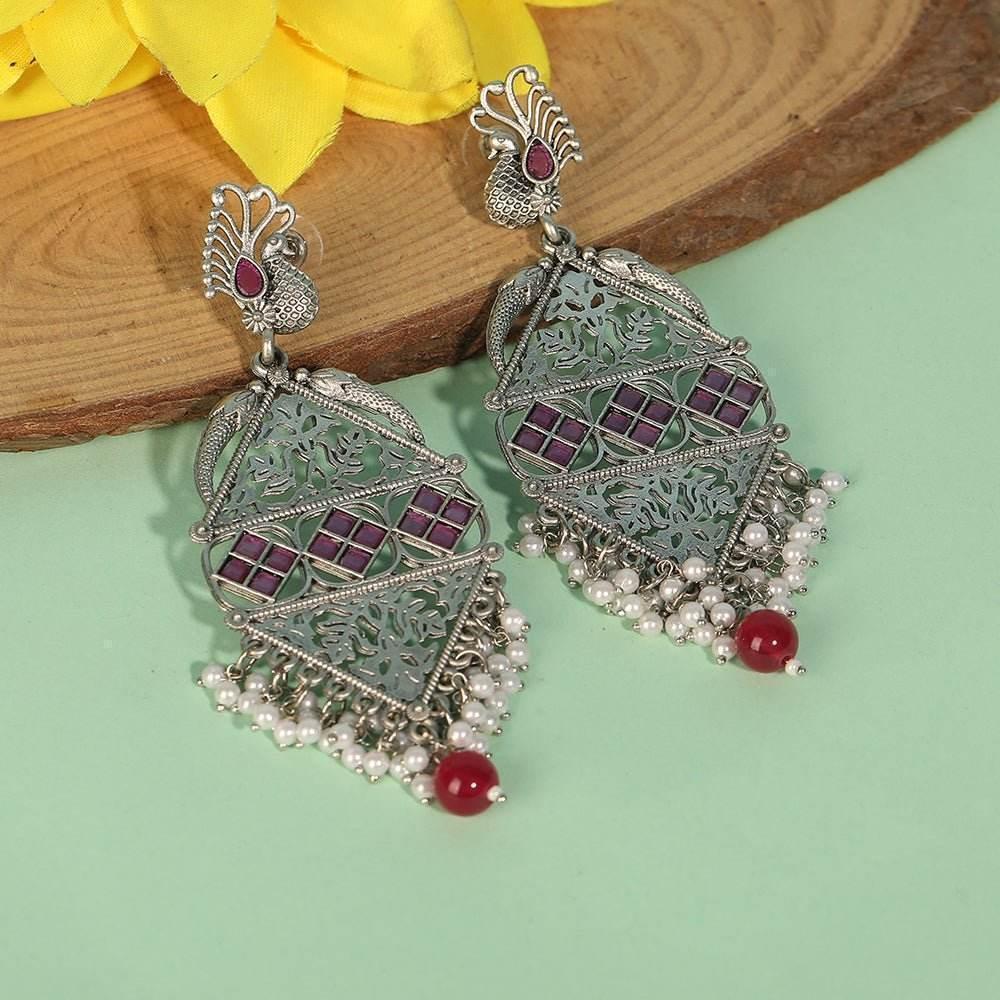 Buy Aviana Antique Silver-Tone Dangle Earrings with Ruby Accents Women - Auraa Trends