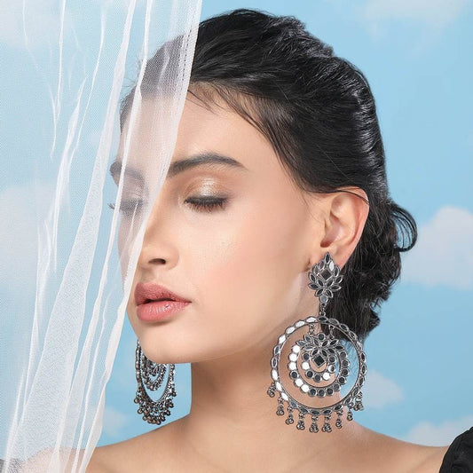 Buy Aviana Boho-Style Silver-Tone Round Mirror Work Earrings for Ladies - Auraa Trends