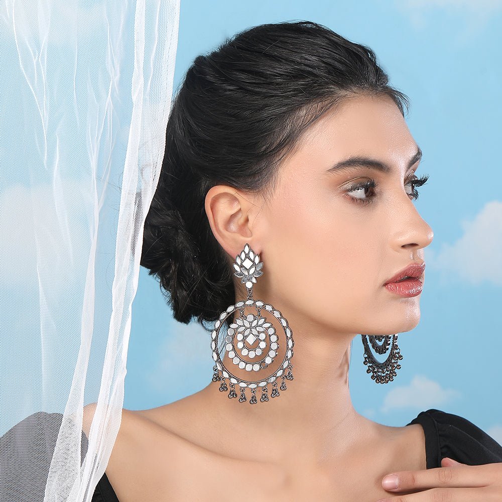 Buy Aviana Boho - Style Silver - Tone Round Mirror Work Earrings for Ladies - Auraa Trends - Chandbali - - Auraa Trends - Buy Aviana Boho - Style Silver - Tone Round Mirror Work Earrings for Ladies