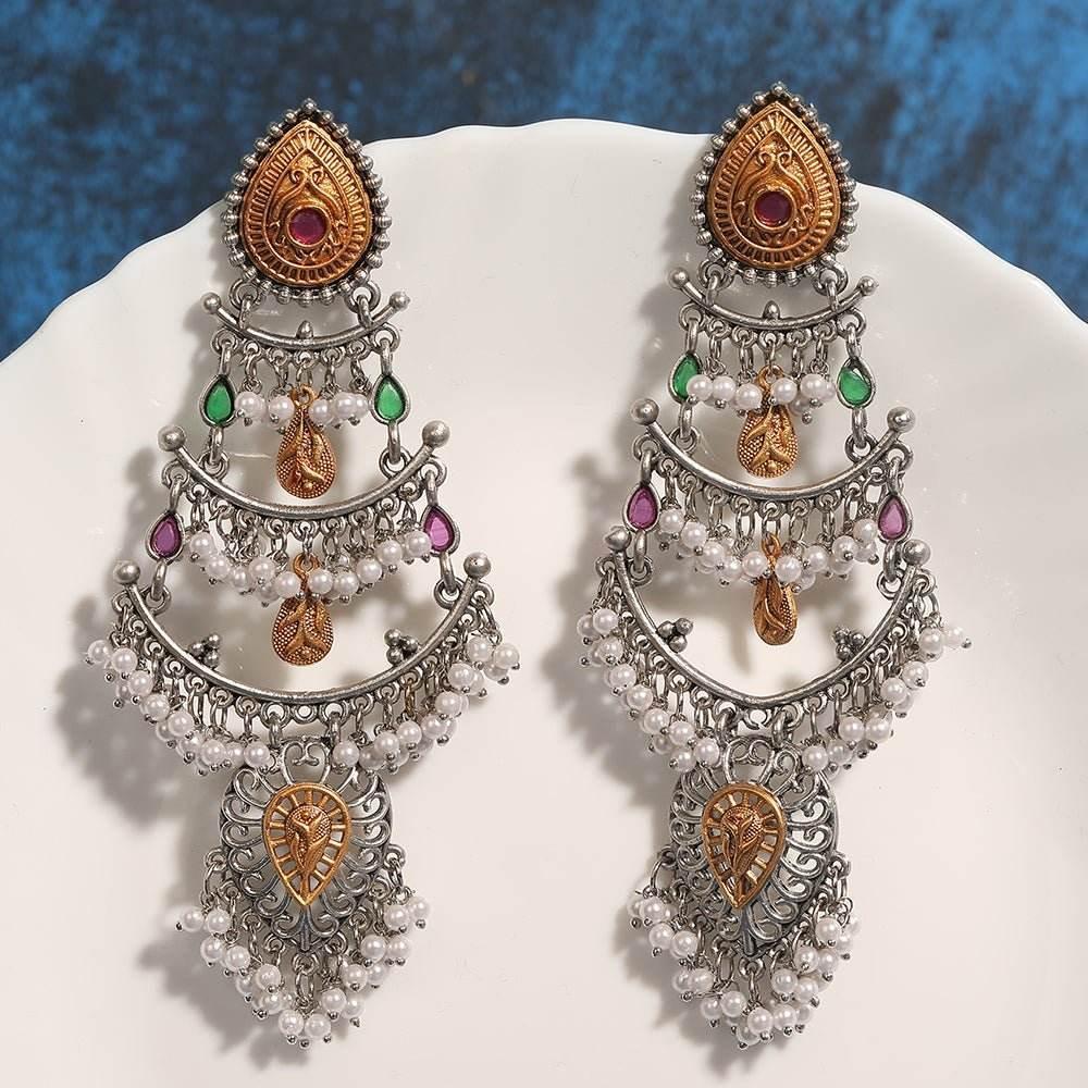 Buy Aviana Bridal Ethnic Multi-Layered Kundan Pearl Long Dangler Earrings - Auraa Trends
