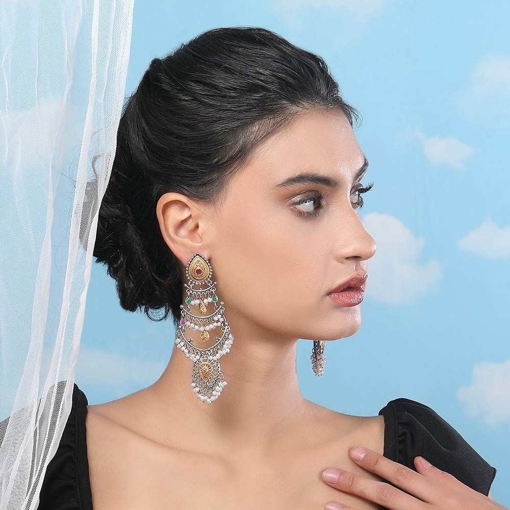 Buy Aviana Bridal Ethnic Multi-Layered Kundan Pearl Long Dangler Earrings - Auraa Trends