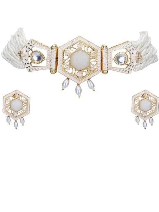 Buy Aviana Gold-Plated Kundan Choker Necklace Set with White Pearls - Auraa Trends