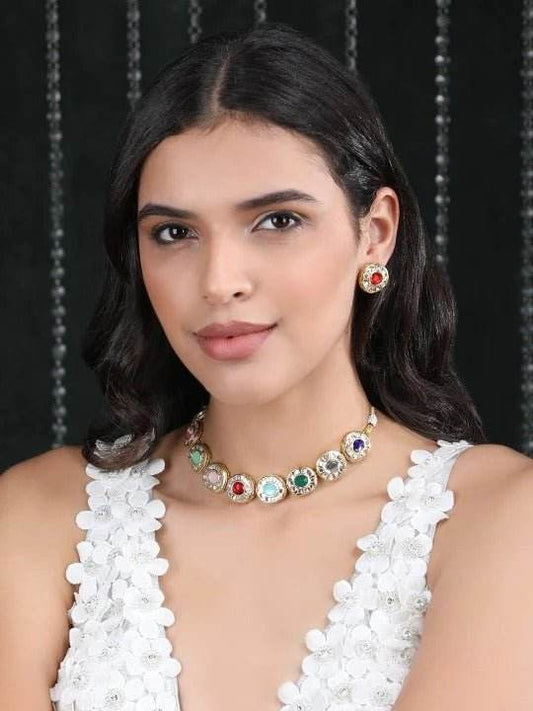 Buy Aviana Gold Plated Kundan Multi-Color Stone Necklace Set - Auraa Trends