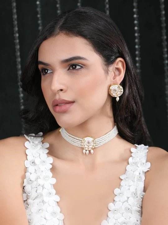 Buy Aviana Gold-Plated White Kundan & Pearl Choker Necklace Set - Auraa Trends