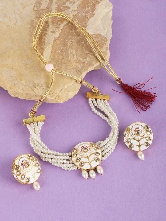 Buy Aviana Gold-Plated White Kundan & Pearl Choker Necklace Set - Auraa Trends
