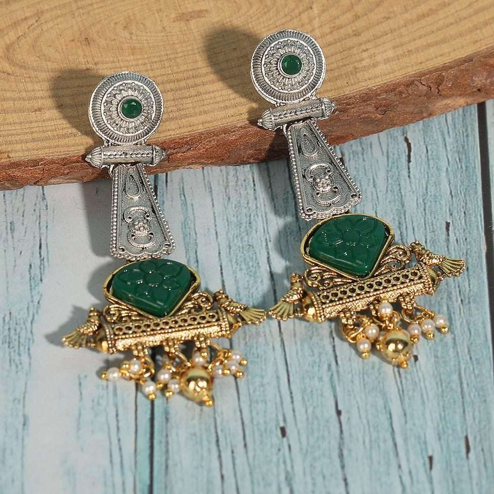 Buy Aviana Green Stone Dholak Shape Tribal Temple-Inspired Earrings - Auraa Trends
