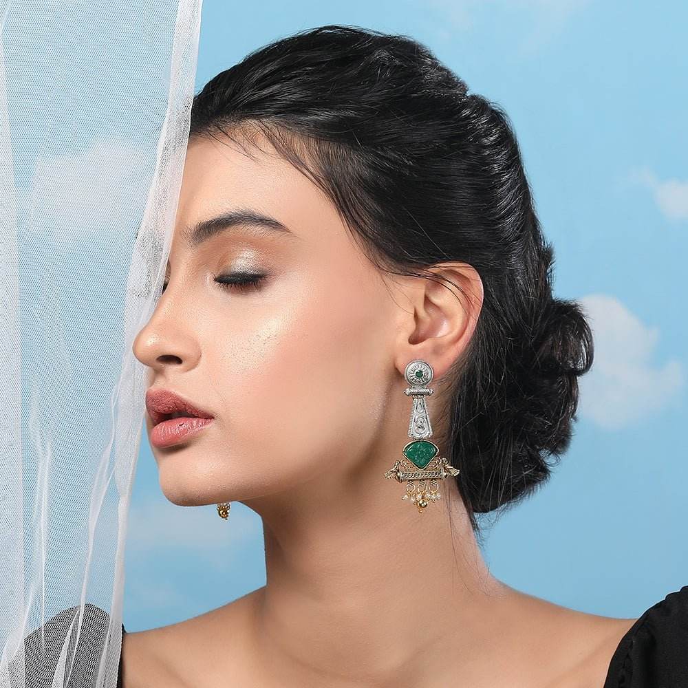 Buy Aviana Green Stone Dholak Shape Tribal Temple-Inspired Earrings - Auraa Trends
