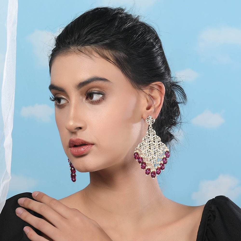 Buy Aviana Mirror-Work Statement Earrings with Purple Bead Drops - Auraa Trends