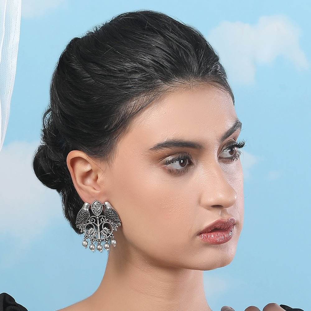 Buy Aviana Oxidized Silver Bird Motif Jhumka Earrings with Pearl Drops - Auraa Trends