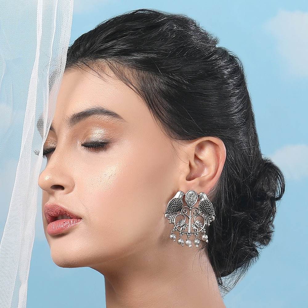 Buy Aviana Oxidized Silver Bird Motif Jhumka Earrings with Pearl Drops - Auraa Trends