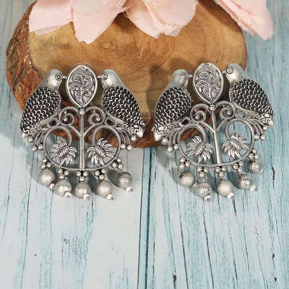 Buy Aviana Oxidized Silver Bird Motif Jhumka Earrings with Pearl Drops - Auraa Trends