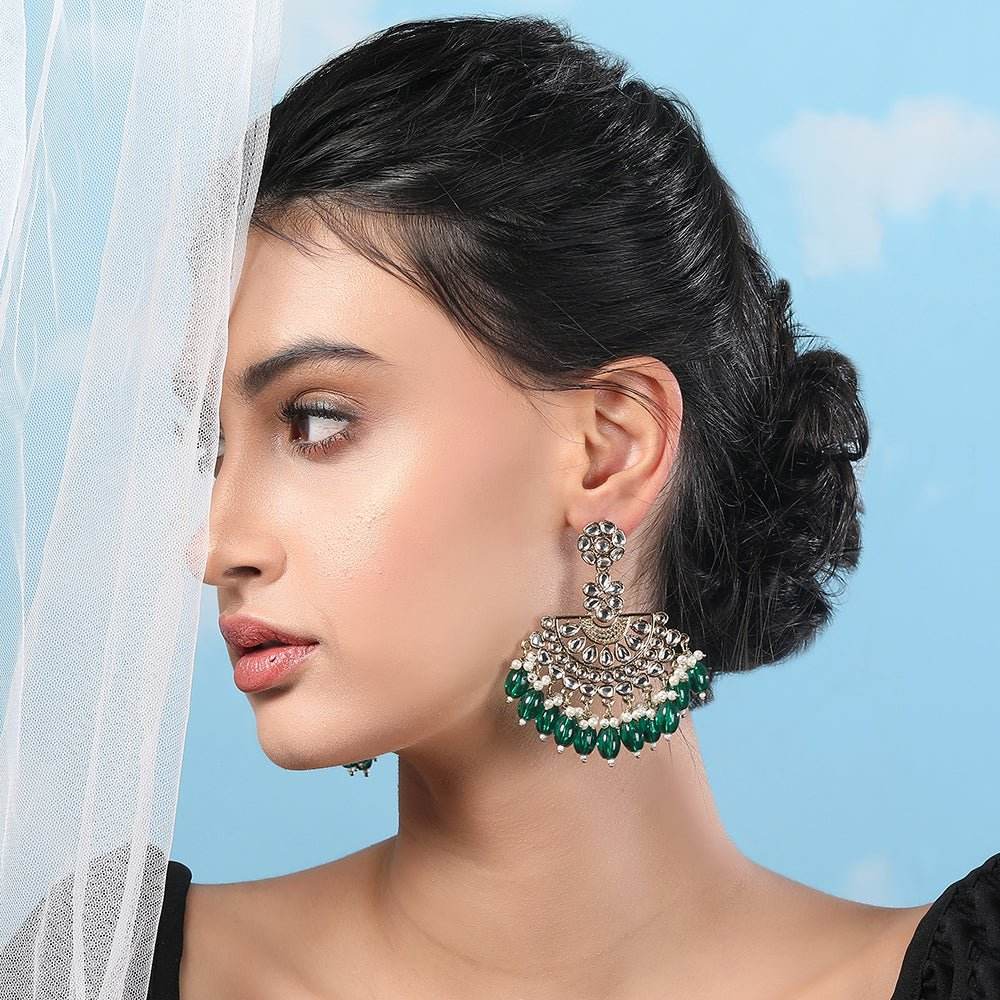 Buy Aviana Oxidized Silver Mirror Work Chandbali Earrings with Green Beads - Auraa Trends