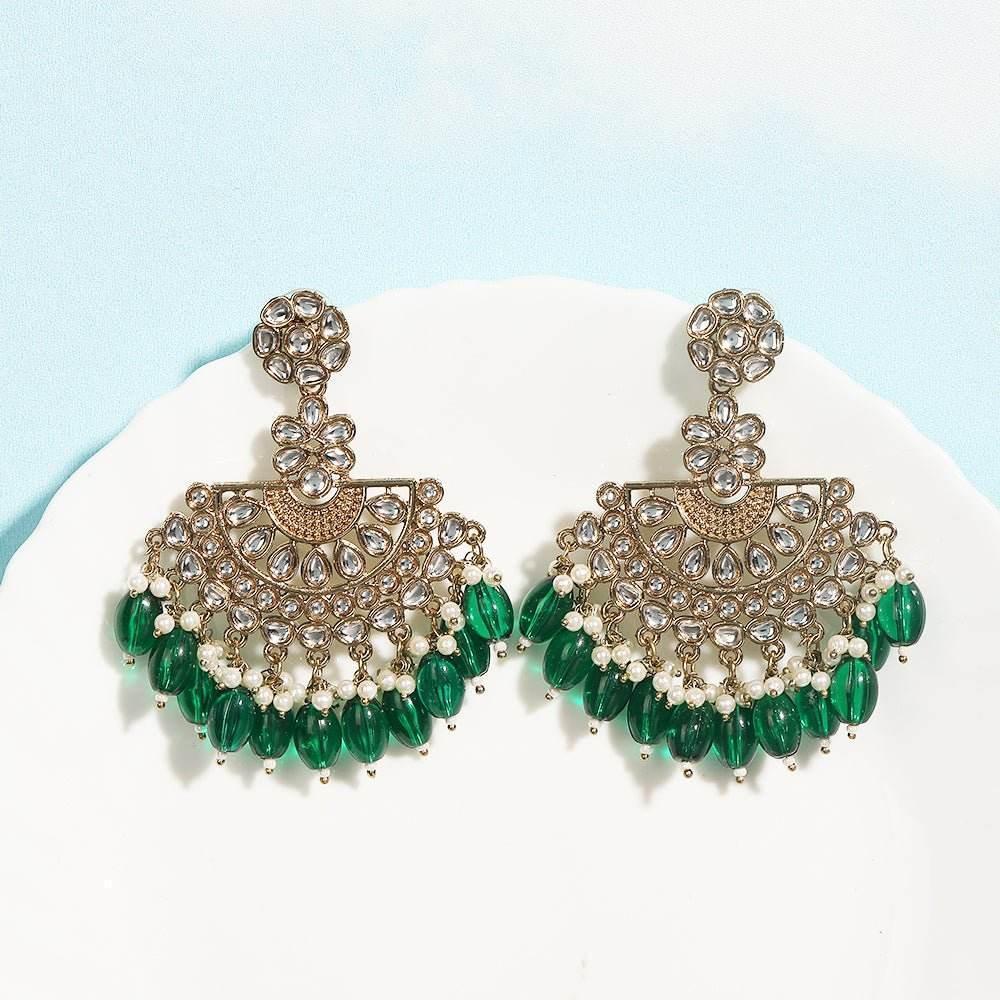 Buy Aviana Oxidized Silver Mirror Work Chandbali Earrings with Green Beads - Auraa Trends