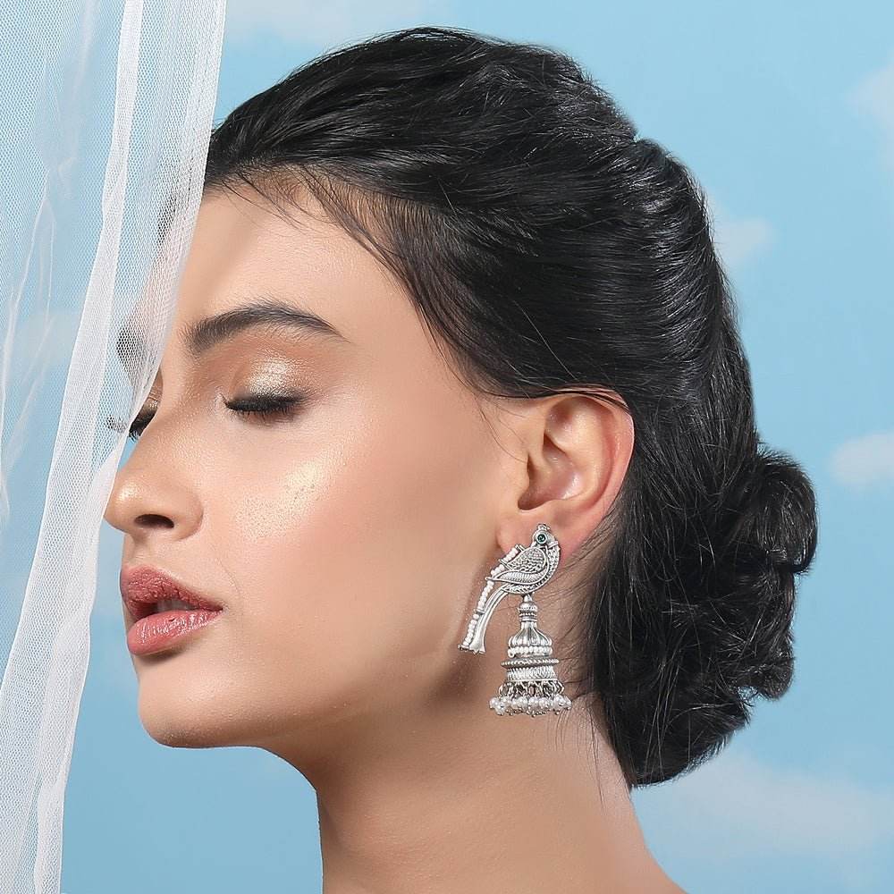 Buy Aviana Oxidized Silver Parrot Jhumka Earrings with Pearl Beads - Auraa Trends